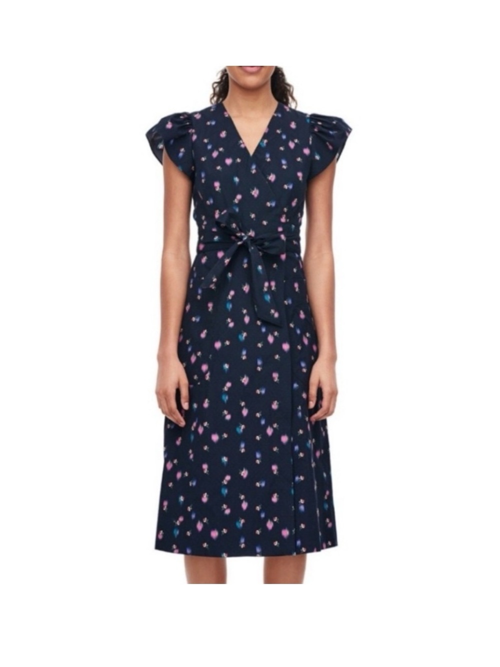 Rebecca Taylor Navy Floral Midi Dress with Pink & Blue Accents
